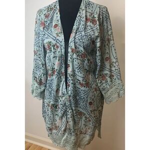 Manson & Belle Med Floral Kimono With Lace Trim Cottagecore Boho Green